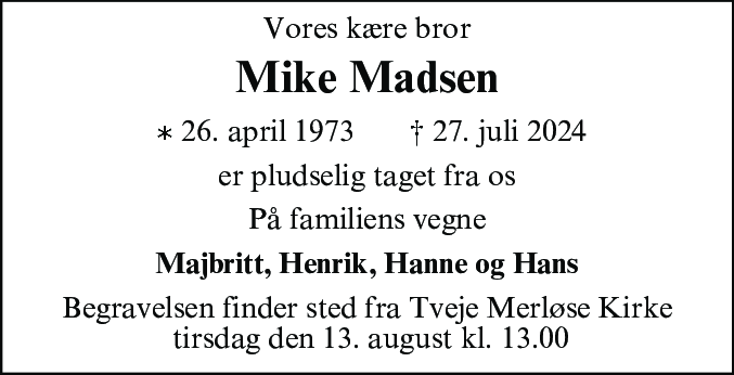 Dødsannonce for Mike Jimmi Madsen