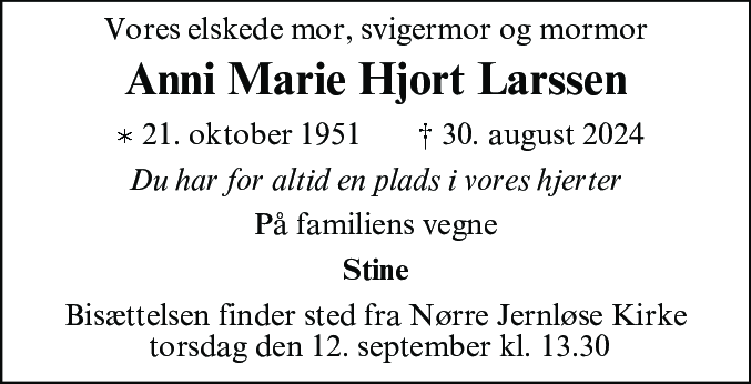 Dødsannonce for Anni Marie Hjort Larssen