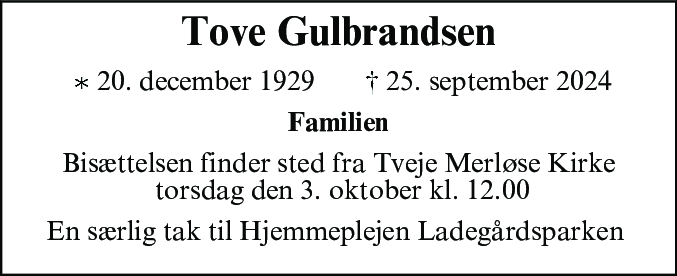 Dødsannonce for Tove Gulbrandsen