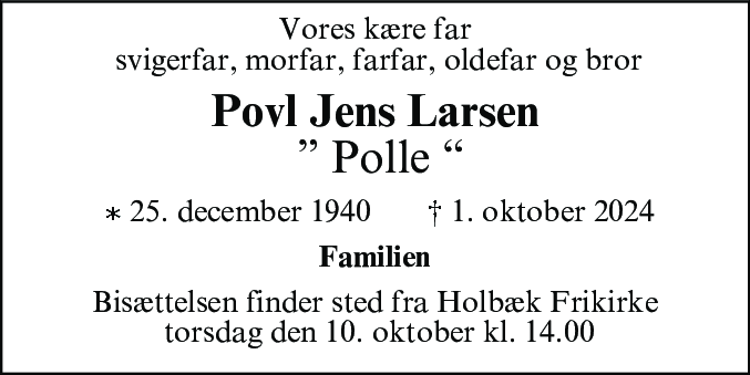 Dødsannonce for Povl Jens Larsen