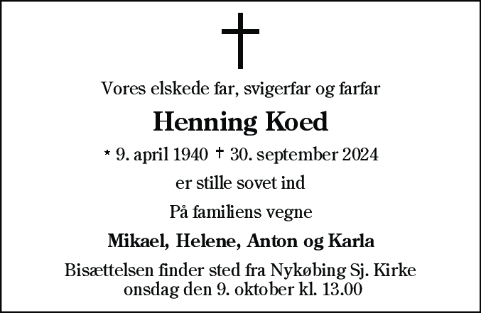 Dødsannonce for Henning Koed