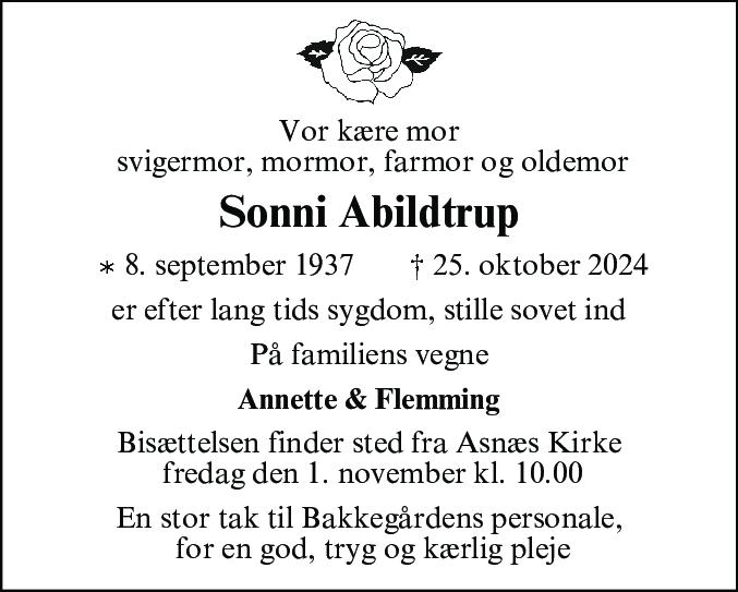 Dødsannonce for Sonni Abildtrup