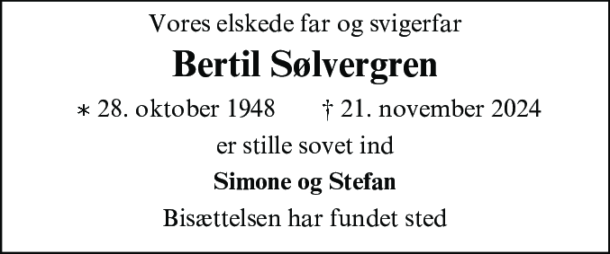 Dødsannonce for Bertil Sølvergren
