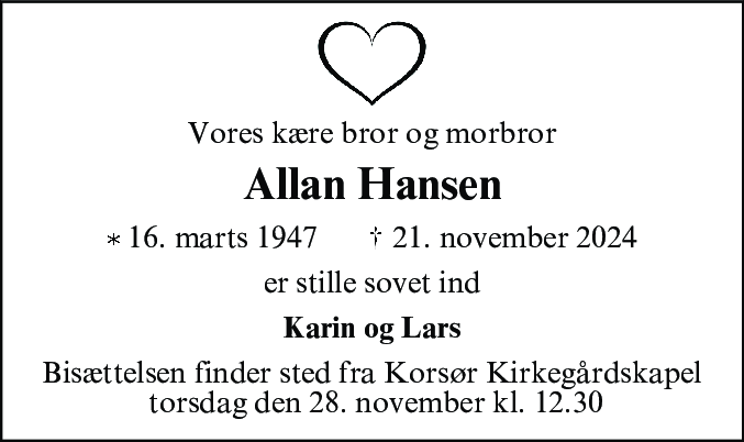 Dødsannonce for Allan Ingolf Baunn Hansen