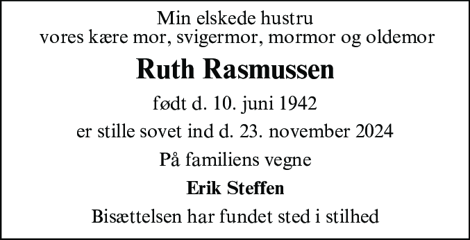 Dødsannonce for Ruth Rasmussen