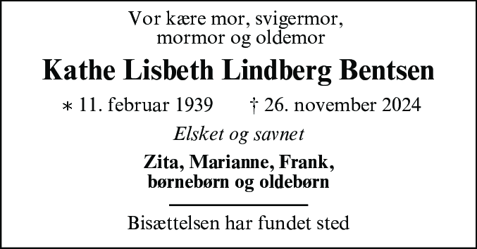Dødsannonce for Kathe Lisbeth Lindberg Bentsen