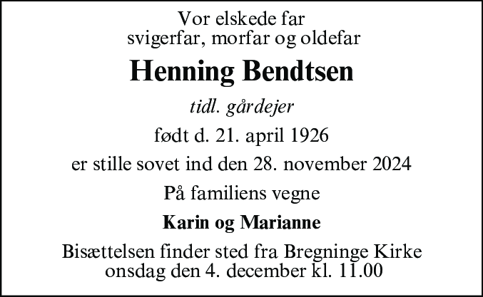 Dødsannonce for Henning Bendtsen