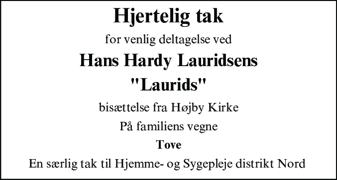 Dødsannonce for Hans Hardy Lauridsen