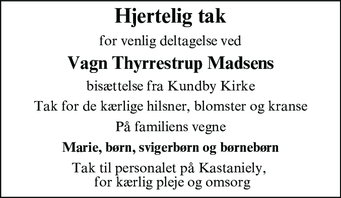 Dødsannonce for Vagn Thyrrestrup Madsen