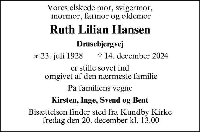 Dødsannonce for Ruth Lilian Hansen