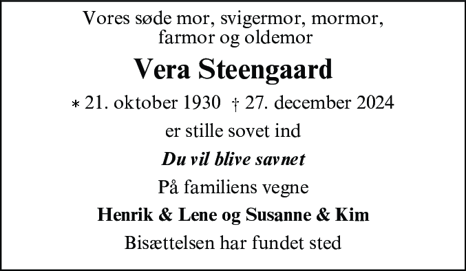 Dødsannonce for Ruth Vera Steengaard