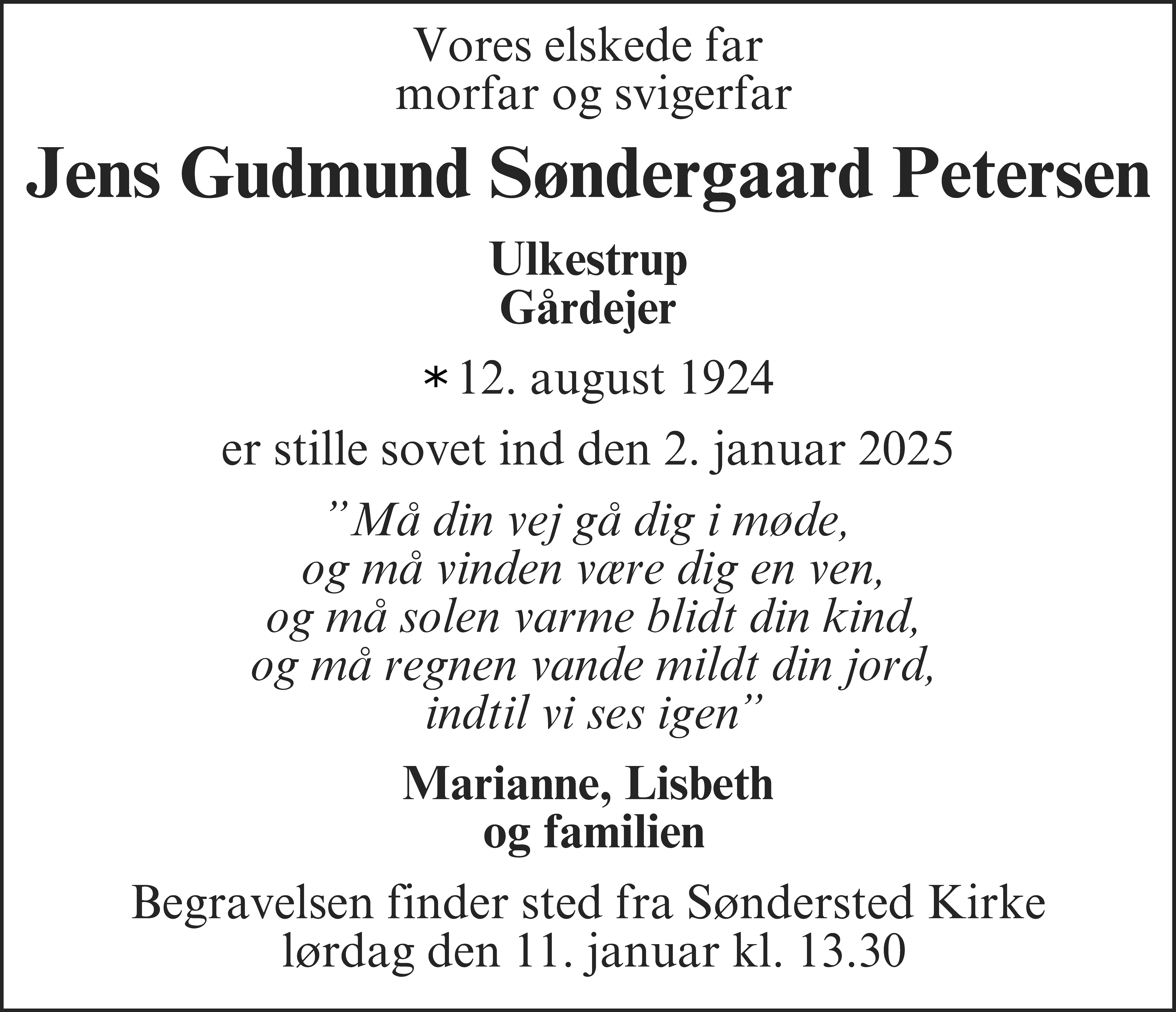 Dødsannonce for Jens Gudmund Søndergaard Petersen
