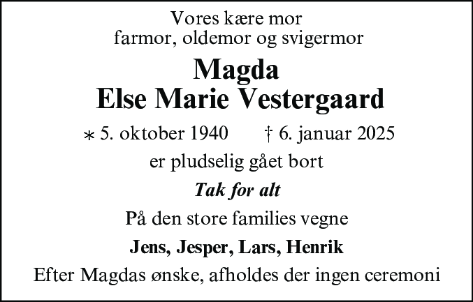 Dødsannonce for Else Marie Vestergaard