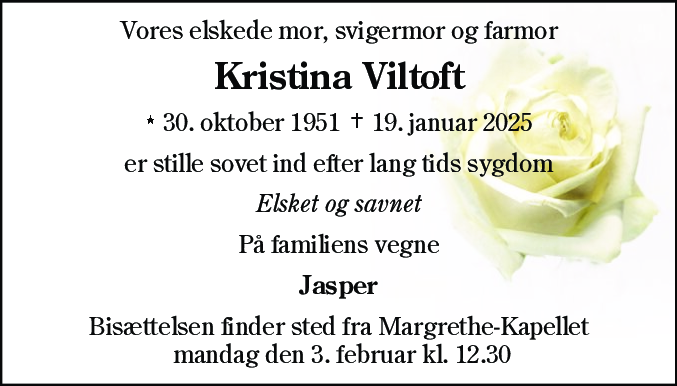 Dødsannonce for Helga Kristina Hulbech Viltoft