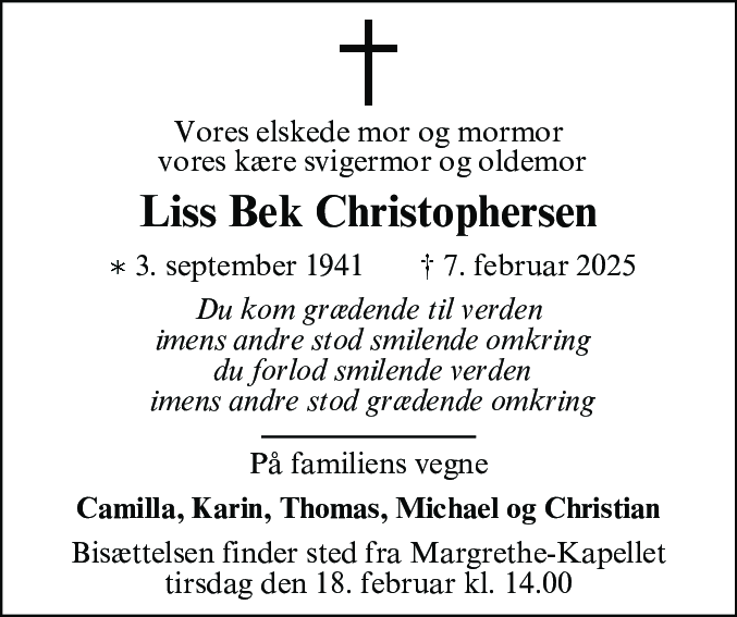 Dødsannonce for Liss Bek Christophersen