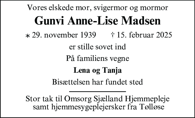 Dødsannonce for Gunvi Anne-Lise Madsen