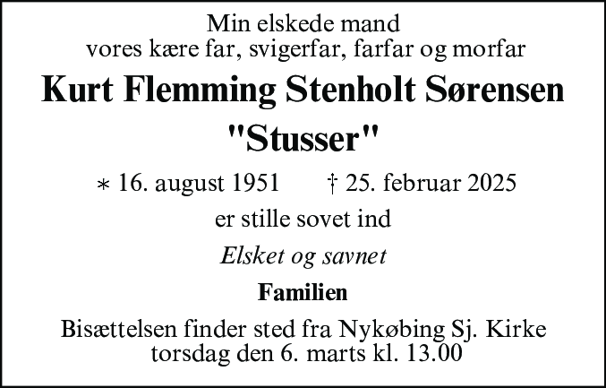 Dødsannonce for Kurt Flemming Stenholt Sørensen