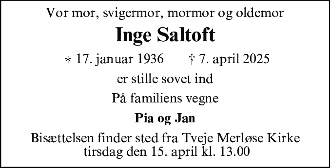 Dødsannonce for Inge Saltoft