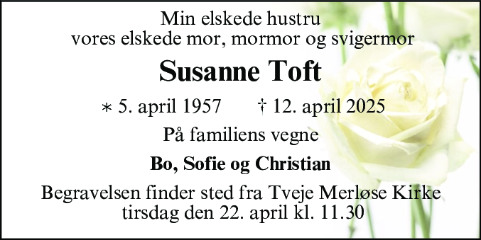 Dødsannonce for Susanne Toft