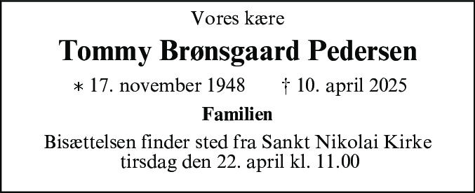Dødsannonce for Tommy Brønsgaard Pedersen
