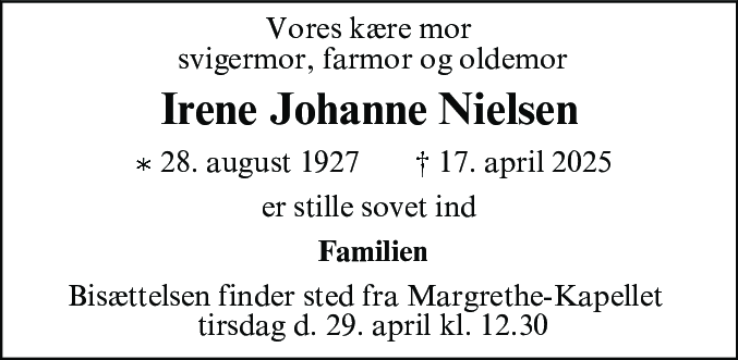 Dødsannonce for Irene Johanne Nielsen