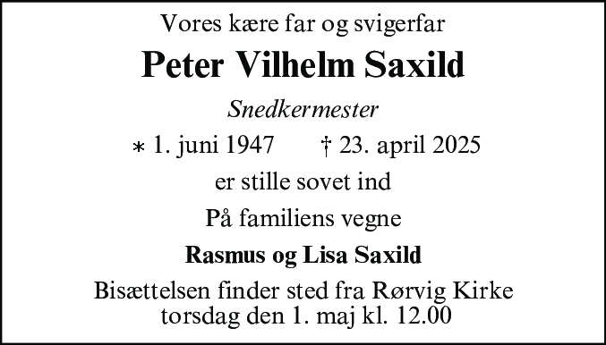 Dødsannonce for Peter Vilhelm Saxild