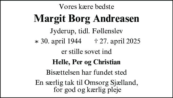 Dødsannonce for Margit Borg Andreasen