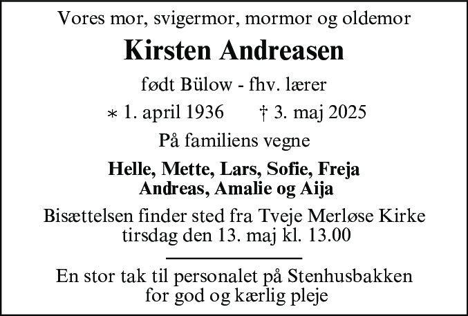 Dødsannonce for Kirsten Andreasen