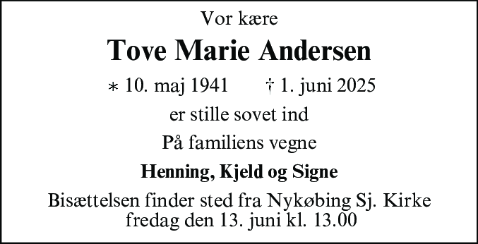 Dødsannonce for Tove Marie Andersen
