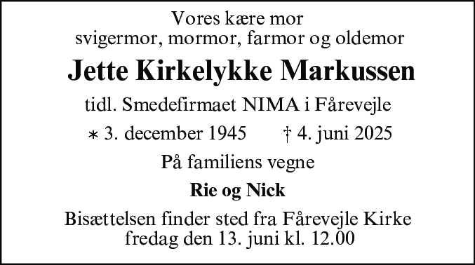 Dødsannonce for Jette Kirkelykke Markussen