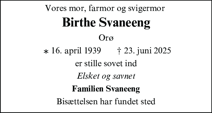 Dødsannonce for Birthe Svaneeng