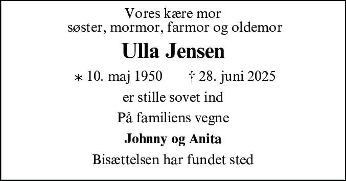 Dødsannonce for Ulla Marie Jensen