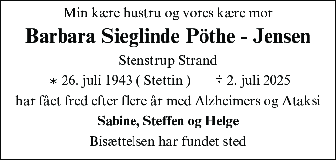 Dødsannonce for Barbara Sieglinde Pøthe  Jensen