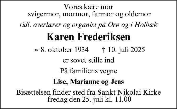 Dødsannonce for Karen Frederiksen