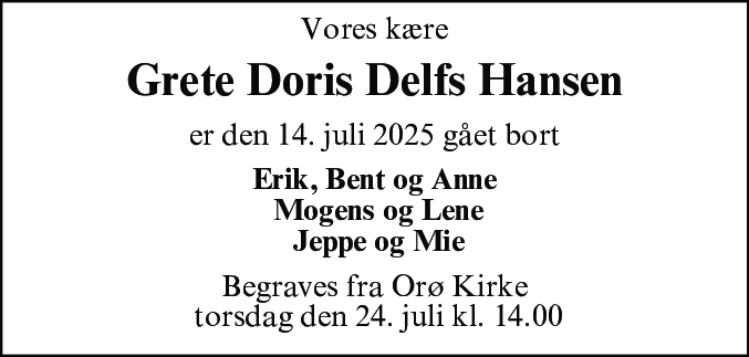 Dødsannonce for Grete Doris Delfs Hansen