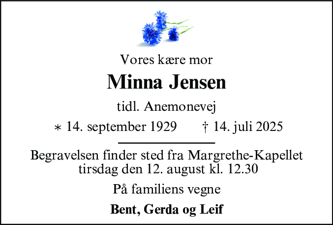 Dødsannonce for Minna Jensen