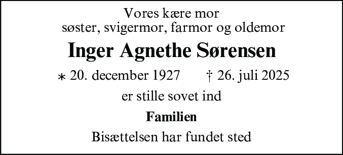 Dødsannonce for Inger Agnethe Sørensen
