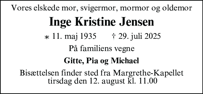 Dødsannonce for Inge Kristine Jensen