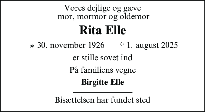 Dødsannonce for Rita Agnete Elle