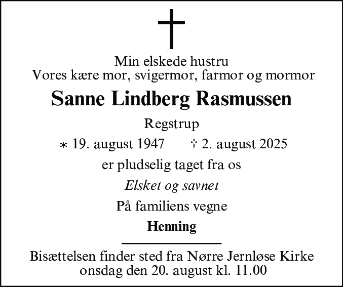 Dødsannonce for Sanne Elisabeth Lindberg Rasmussen