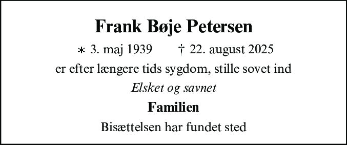 Dødsannonce for Frank Bøje Petersen