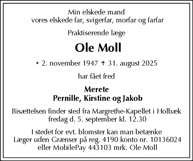 Dødsannonce for Ole Moll