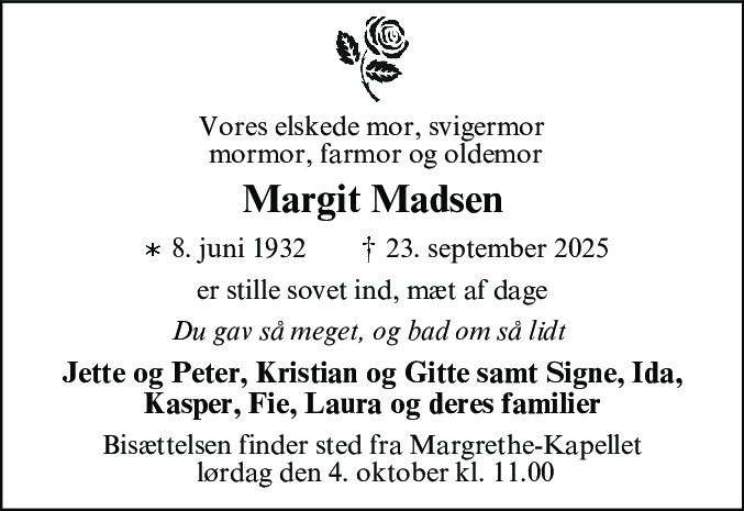 Dødsannonce for Margit Madsen