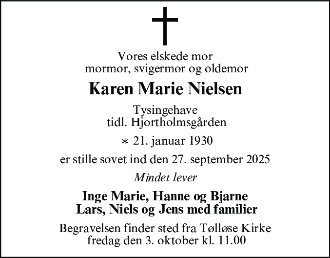 Dødsannonce for Karen Marie Nielsen