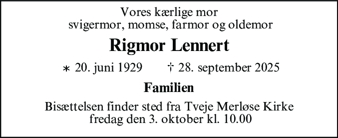 Dødsannonce for Rigmor Lennert