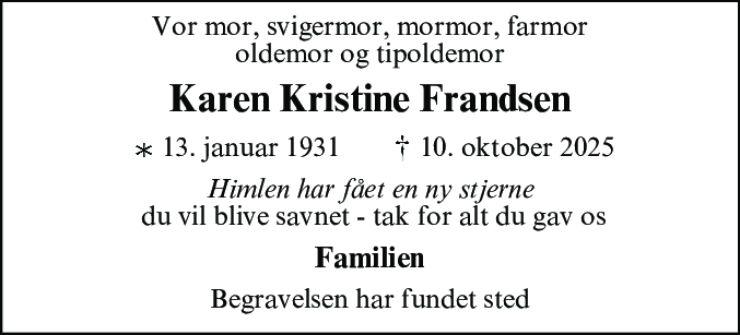 Dødsannonce for Karen Kristine Frandsen