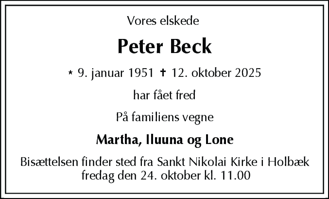 Dødsannonce for Peter Beck