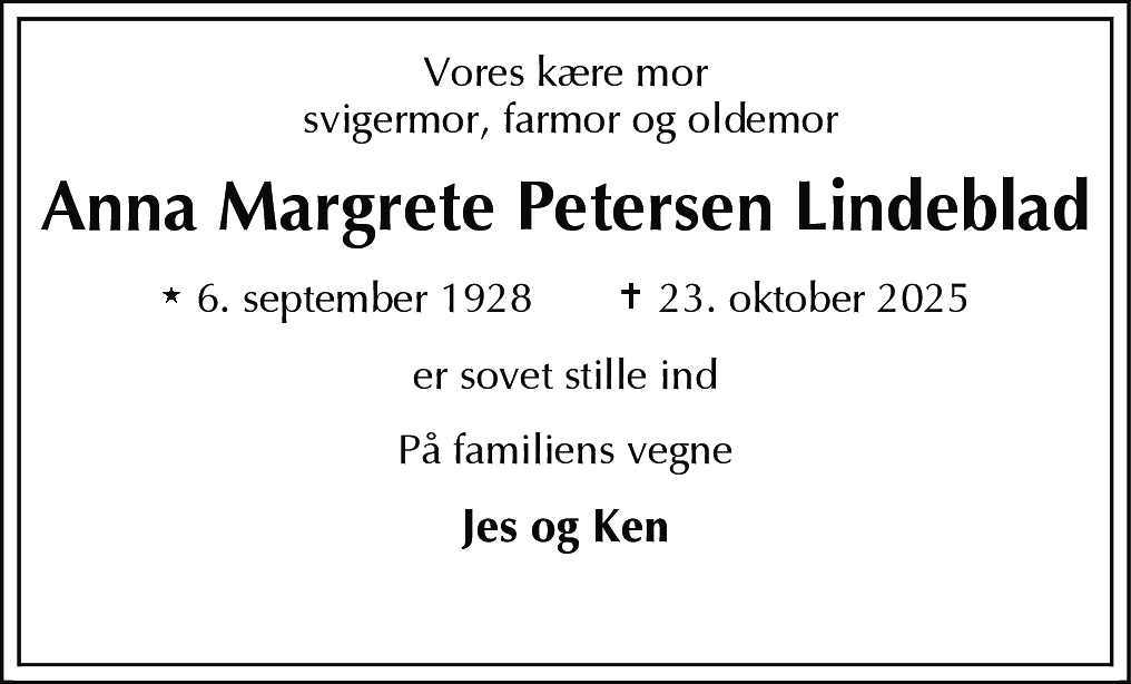 Dødsannonce for Anna Margrete Petersen Lindeblad