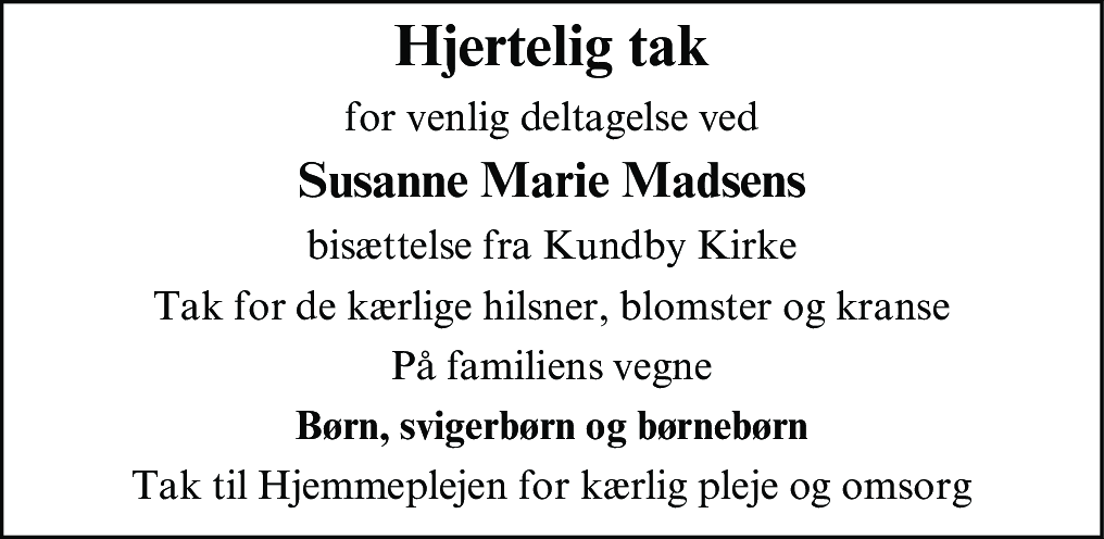 Dødsannonce for Susanne Marie Madsen