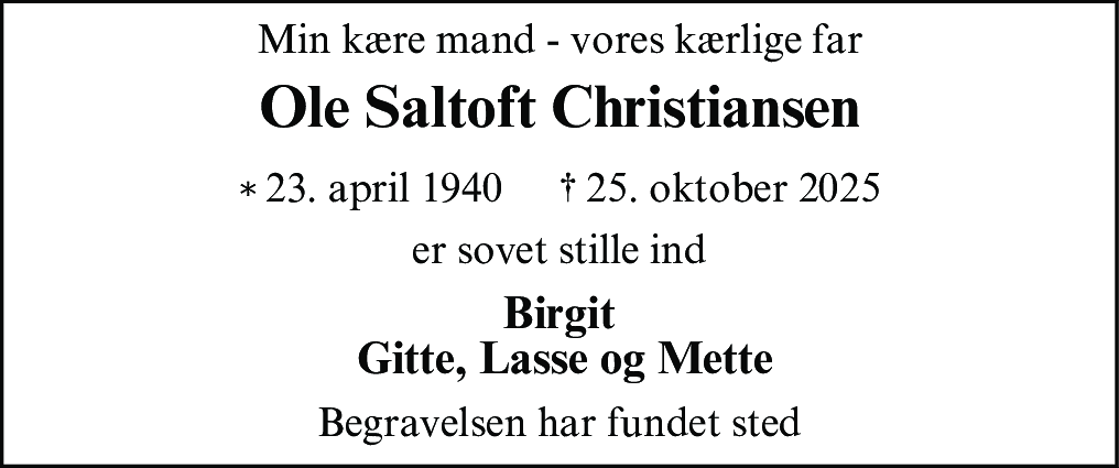 Dødsannonce for Ole Saltoft Christiansen